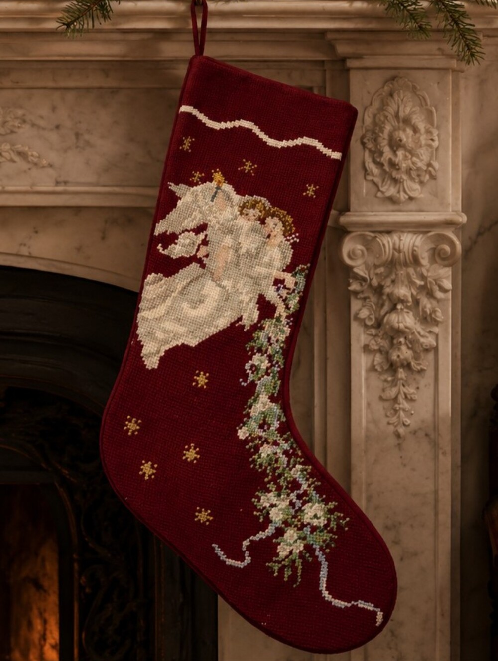 Needlepoint Embroidered Angel Christmas Stocking - Burgundy, Cream & Gold